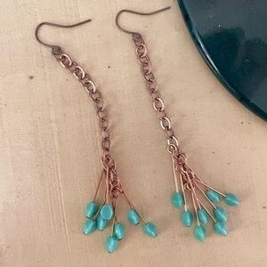 2/$29 Handmade Long Czech Glass Copper Dangle Earrings 3.75” Blue Green